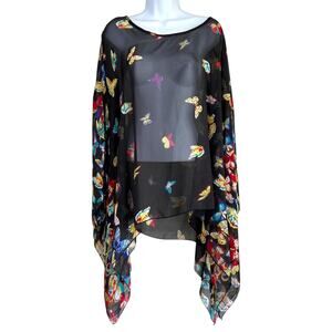 Womens Sheer Butterfly Chiffon Caftan Poncho Black One Size Festival Rave Boho‎